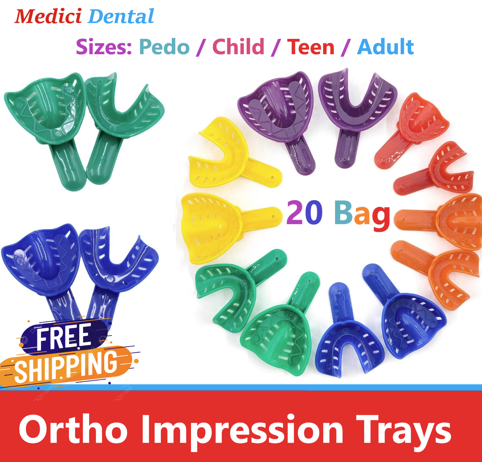 Dental Ortho Impression Trays Perforated Disposable For Child/Pedo  Adult 20/Bag