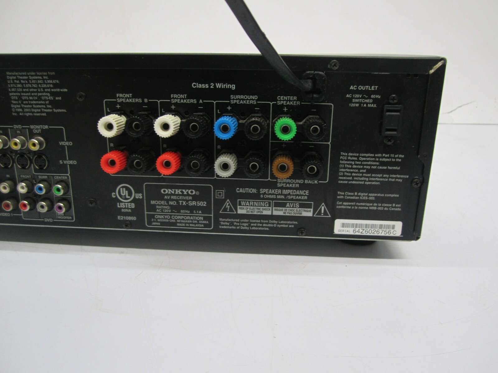 Onkyo TX-SR502 Theater 6.1 Surround Sound Audio Video AV Receiver No Remote