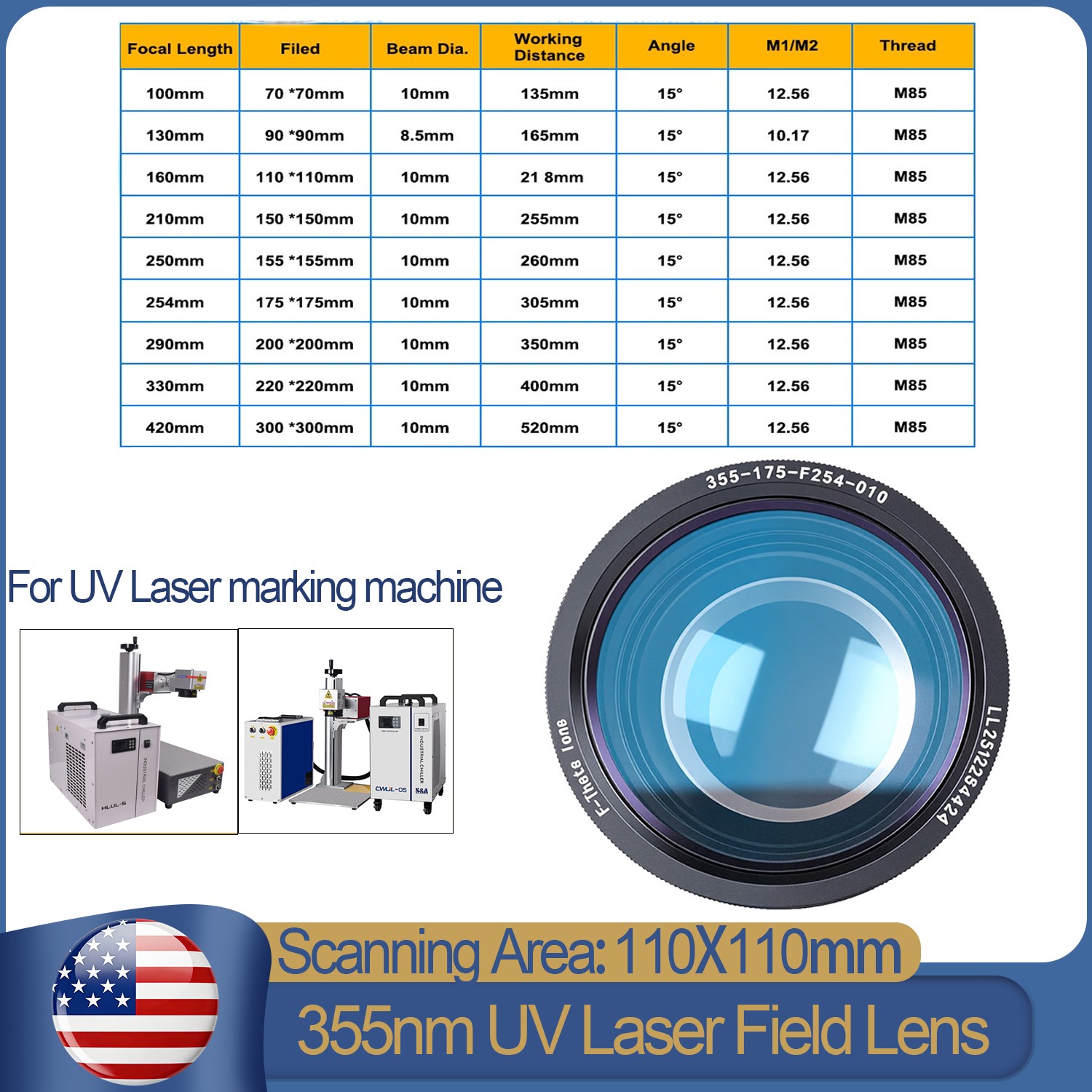 High Quality 110mm 355nm Field Lens For 5W-15W UV Laser Marking Machine Engraver
