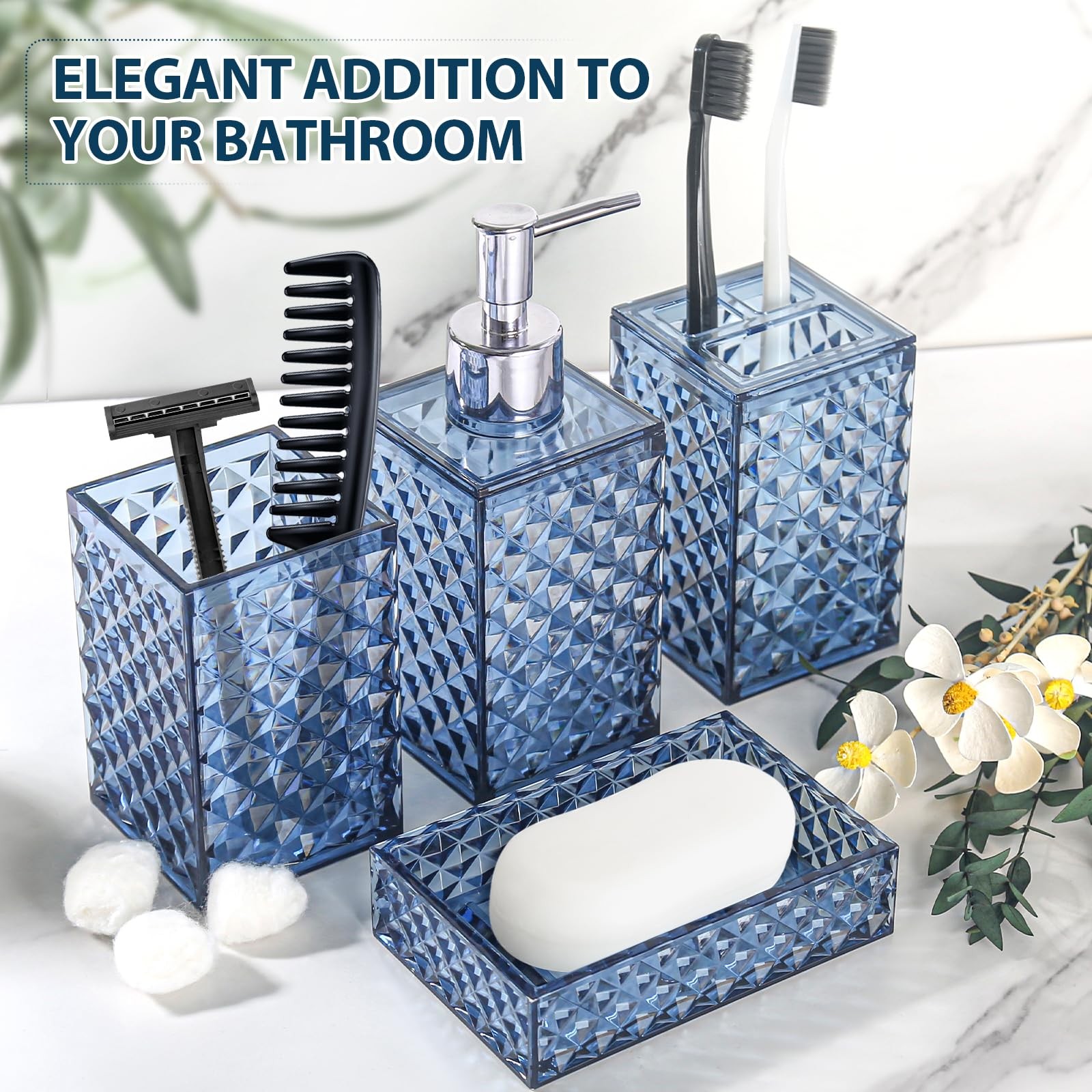 Bathroom Set, 4 Pack Blue Acrylic Bath Accessory Sets Complete, Diamond Soap ...