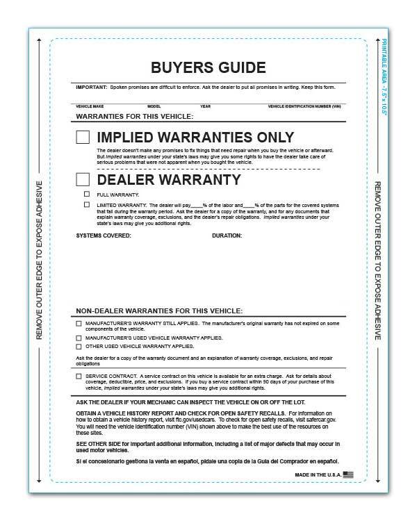 1-Part Self-Adhesive Buyers Guide - Implied Warranty - No Lines (100 per pack)