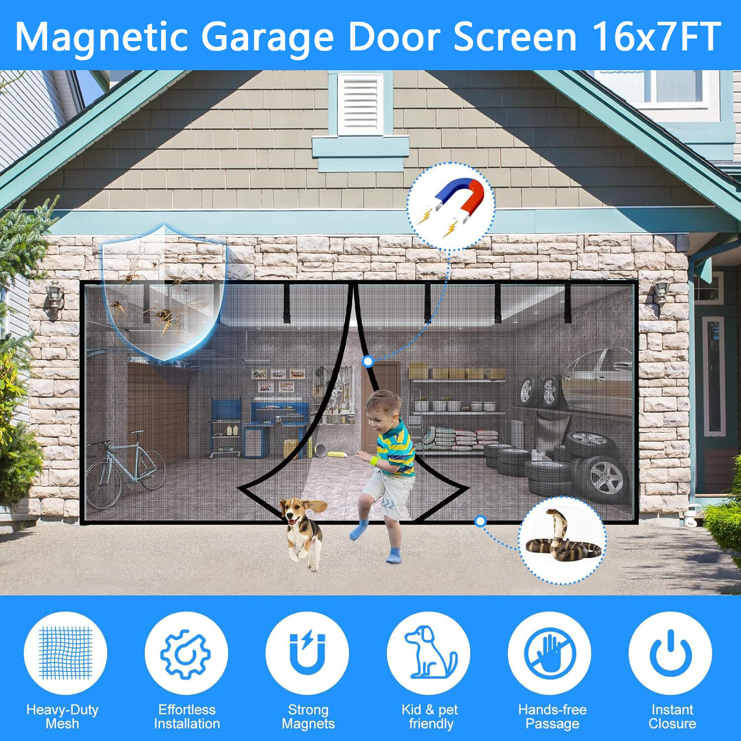 Magnetic Garage Door Screen 16 x 7ft for 2 Cars Heavy-Duty Garage Net Fiberglass