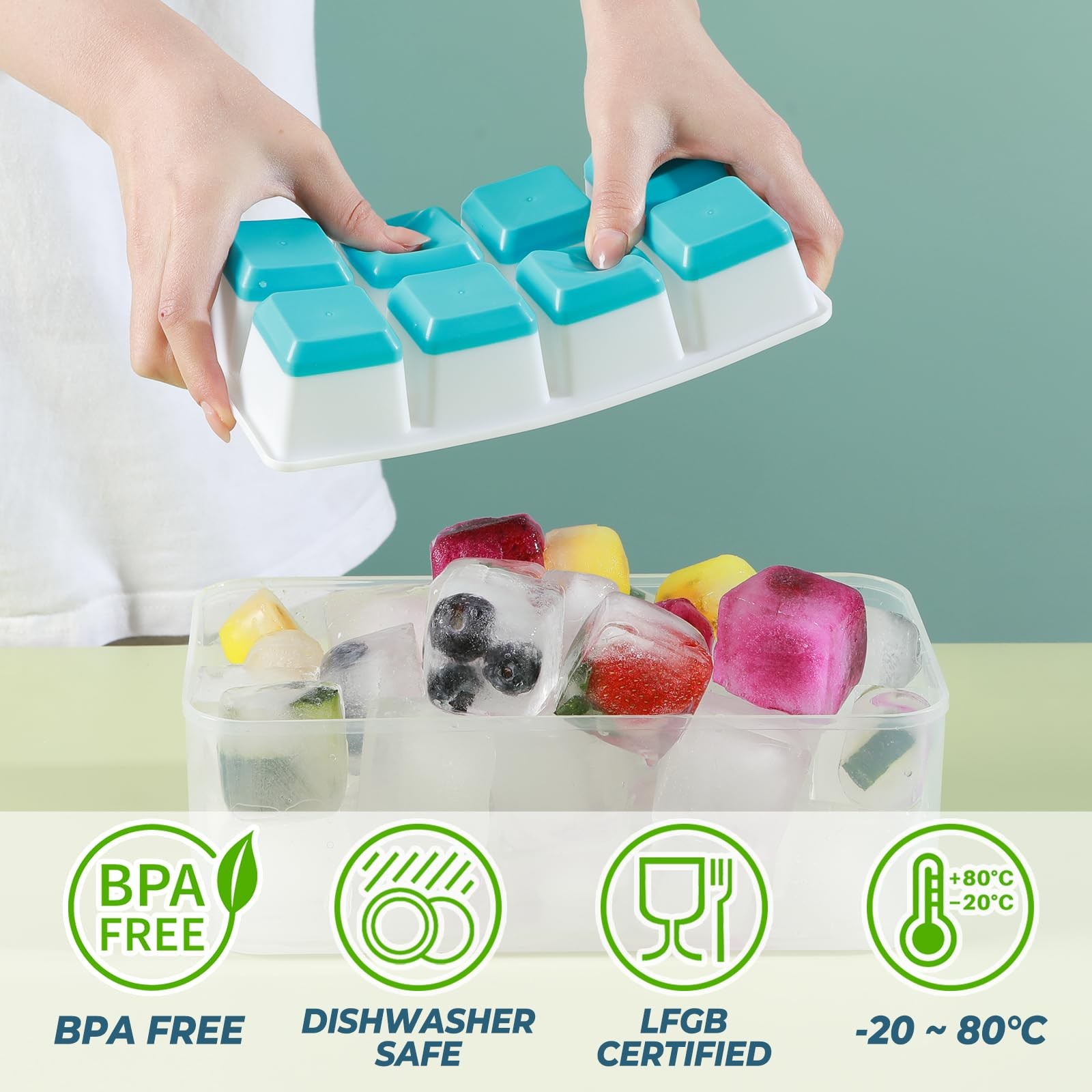 Large Ice Cube Trays with Lid, Jrisbo 2 Pack Stackable Silicone Large, Green