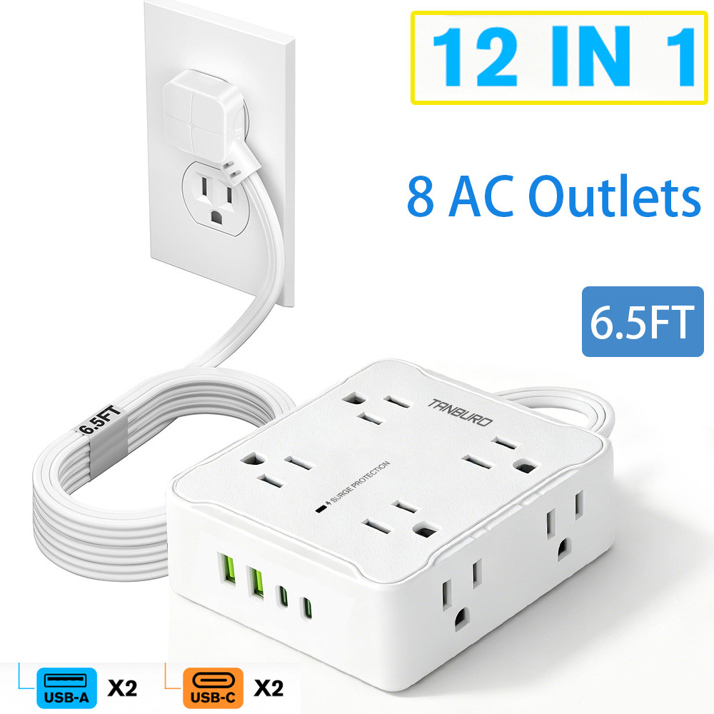 6.5FT Surge Protector Power Strip - 8 Widely Outlets w/ 4 USB Ports, 3 Side Out