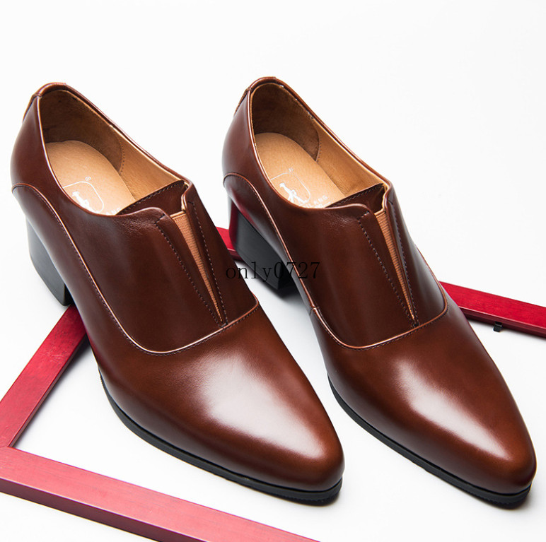 Mens Business British Dress Real Leather Pointed Toe Formal Mid Cuban Heel Shoes