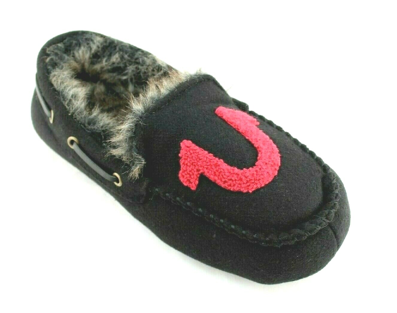 New TRUE RELIGION Size S 7-8 Black / Red Faux Fur Lined Men's Moccasins Slippers