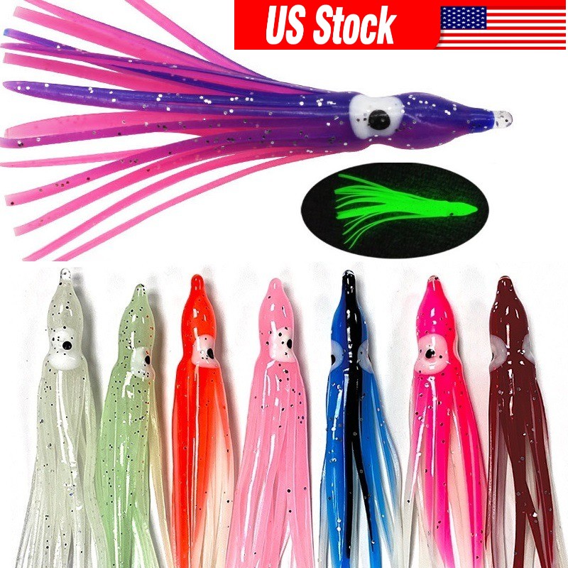 50PCS Luminous Octopus Squid Skirt Glow Soft Lure Hoochies Bait Fishing Lure Kit