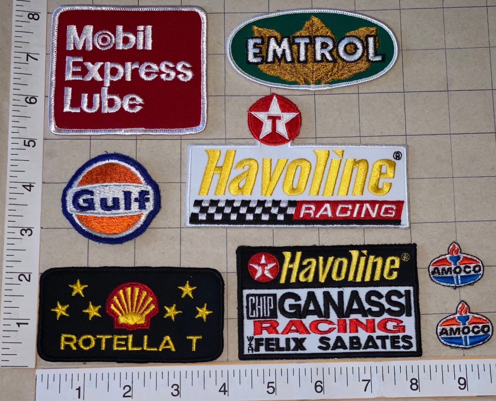 8 RARE MOBIL HAVOLINE AMOCO GAS OIL RACING TEAM SHELL GULF TEXACO PATCH LOT