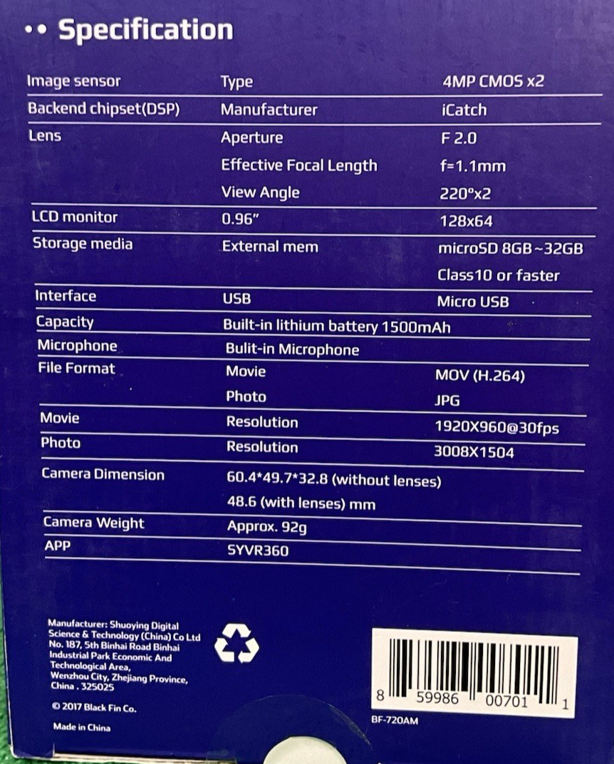 New Sealed Black Fin BF-720AM 720 Full Panoramic VR Action Camera & Headset