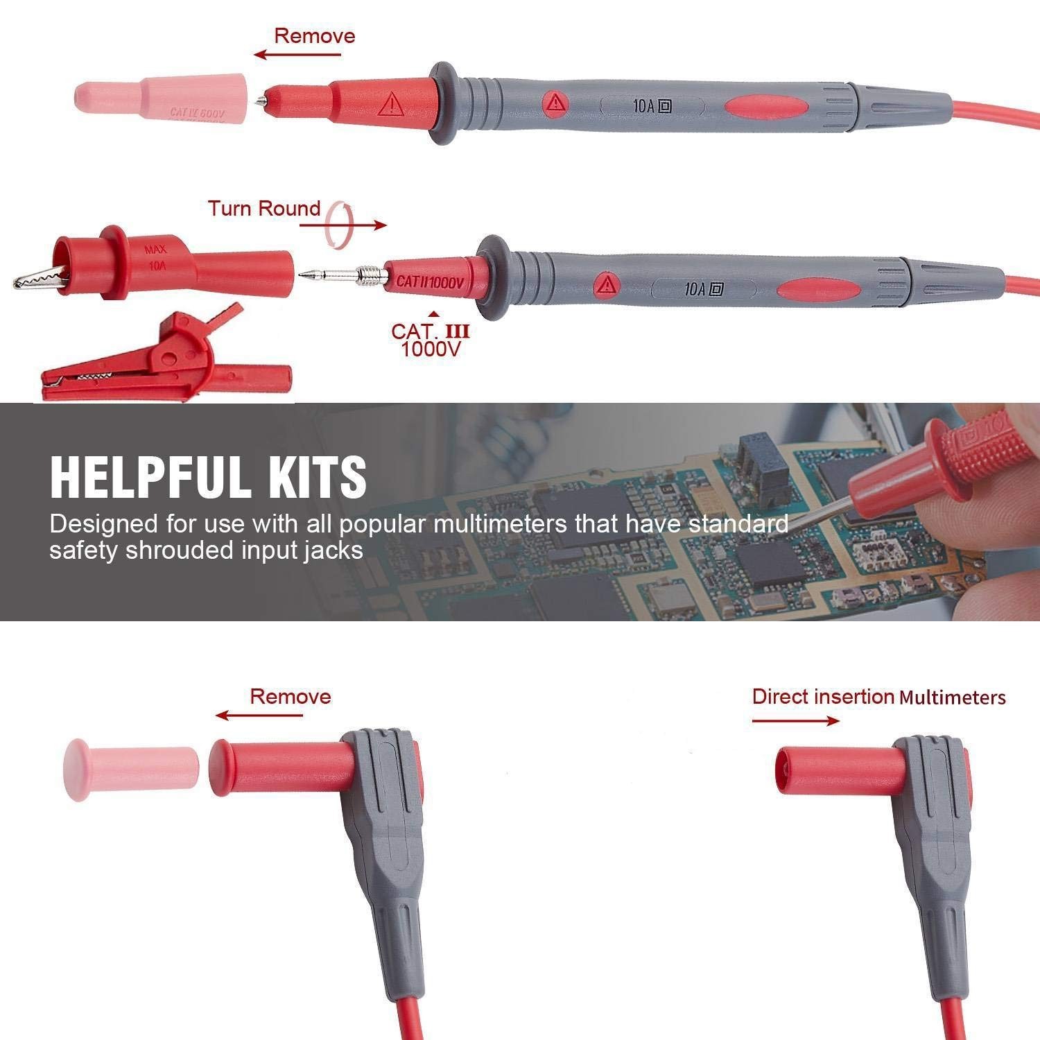 Durable Multimeter Lead Set with Threaded Clips - Compatible with Fluke