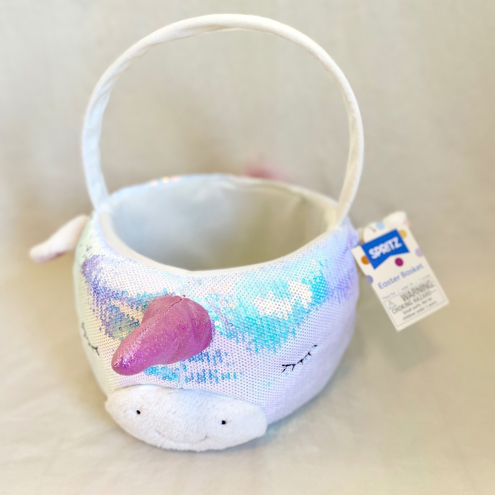 Spritz Iridescent Sequin Unicorn Easter Basket White Pink Glitter Horn NWT