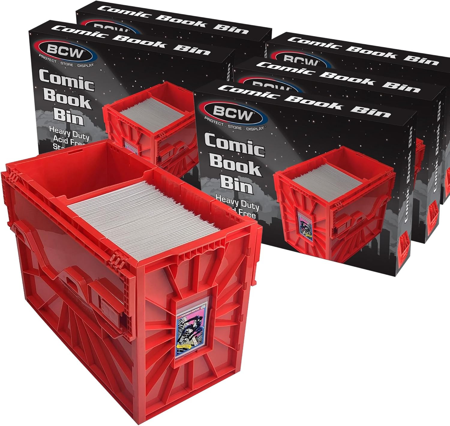 Short Comic Book Storage Box - 5 Pack, Holds 150 Comics, Stackable, Red