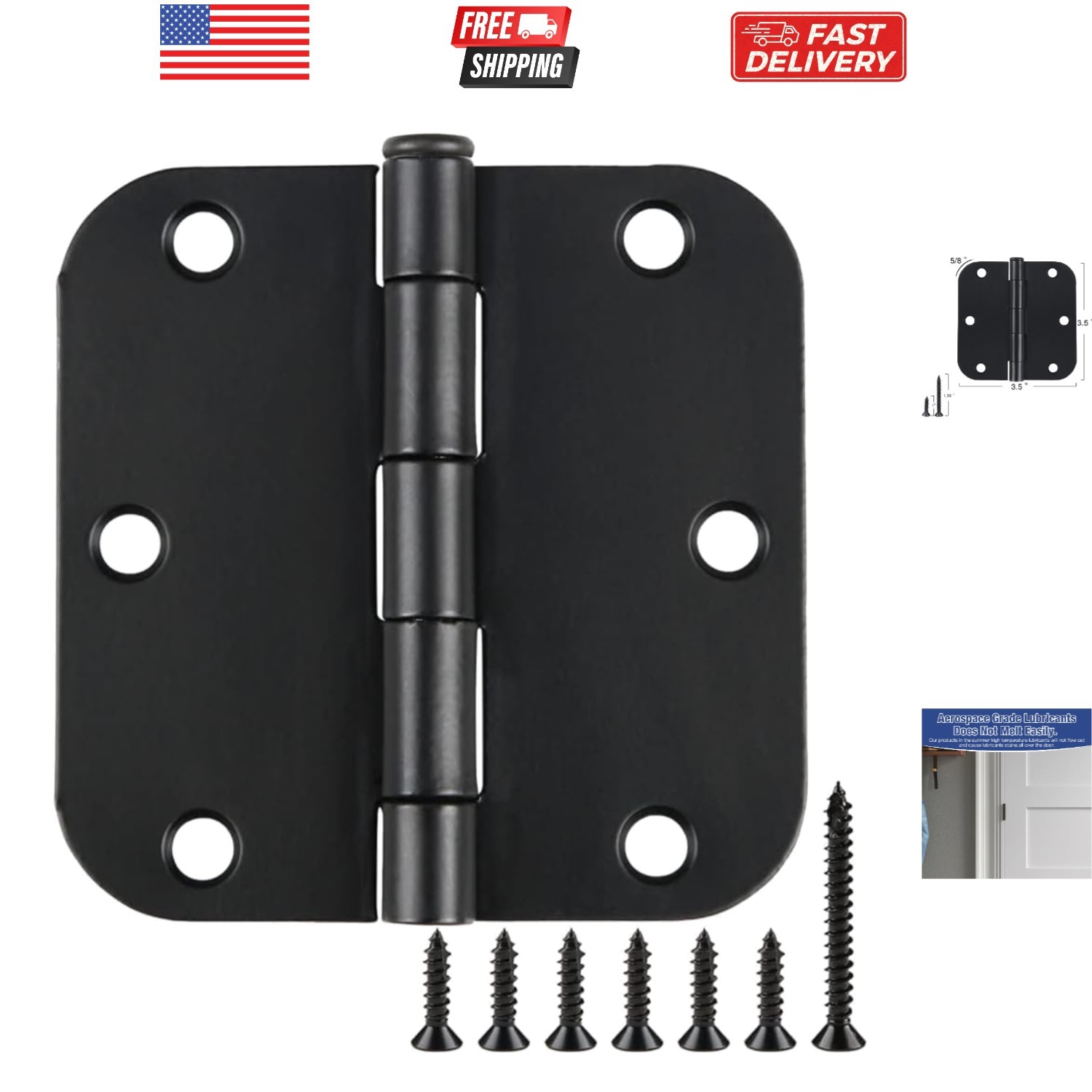 Rounded Door Hinges 3-1/2" x 3.5 inch, 5/8 Radius, Matte Black 3 ½ Inch 12 Pack