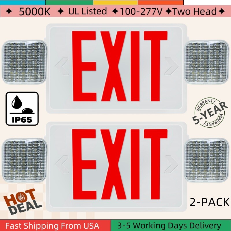 2 Pack LED Emergency Exit Light Adjustable 2 Head With Battery Back-up UL Listed