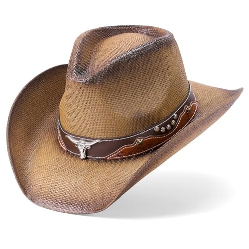 Straw Cowboy Hat for Men and Women Cowboys Cowgirls Woven Crease Brown Ox Hat