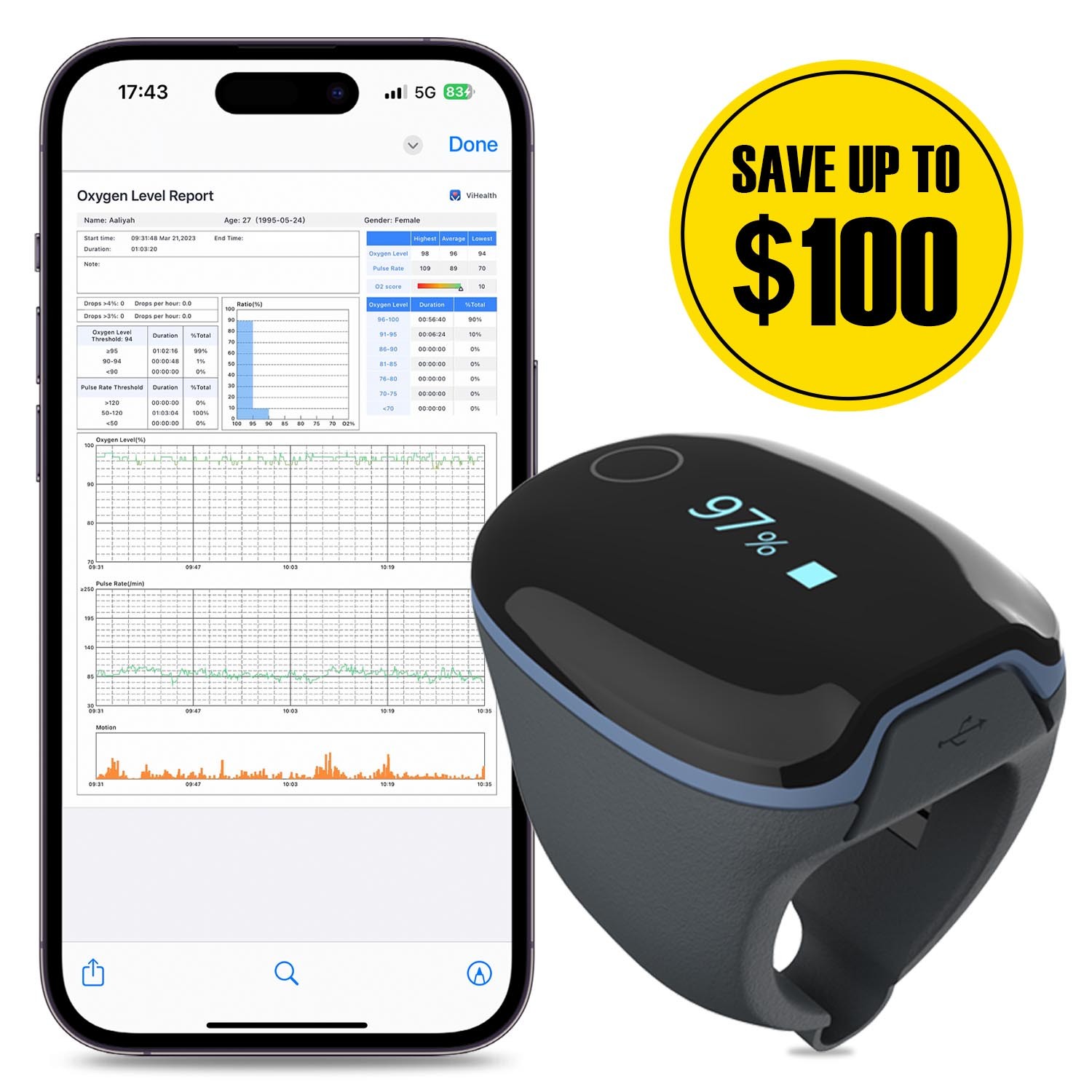 Refurbished Wellue O2 Ring Pulse Oximeter with App/PC Software，One-Year Warranty