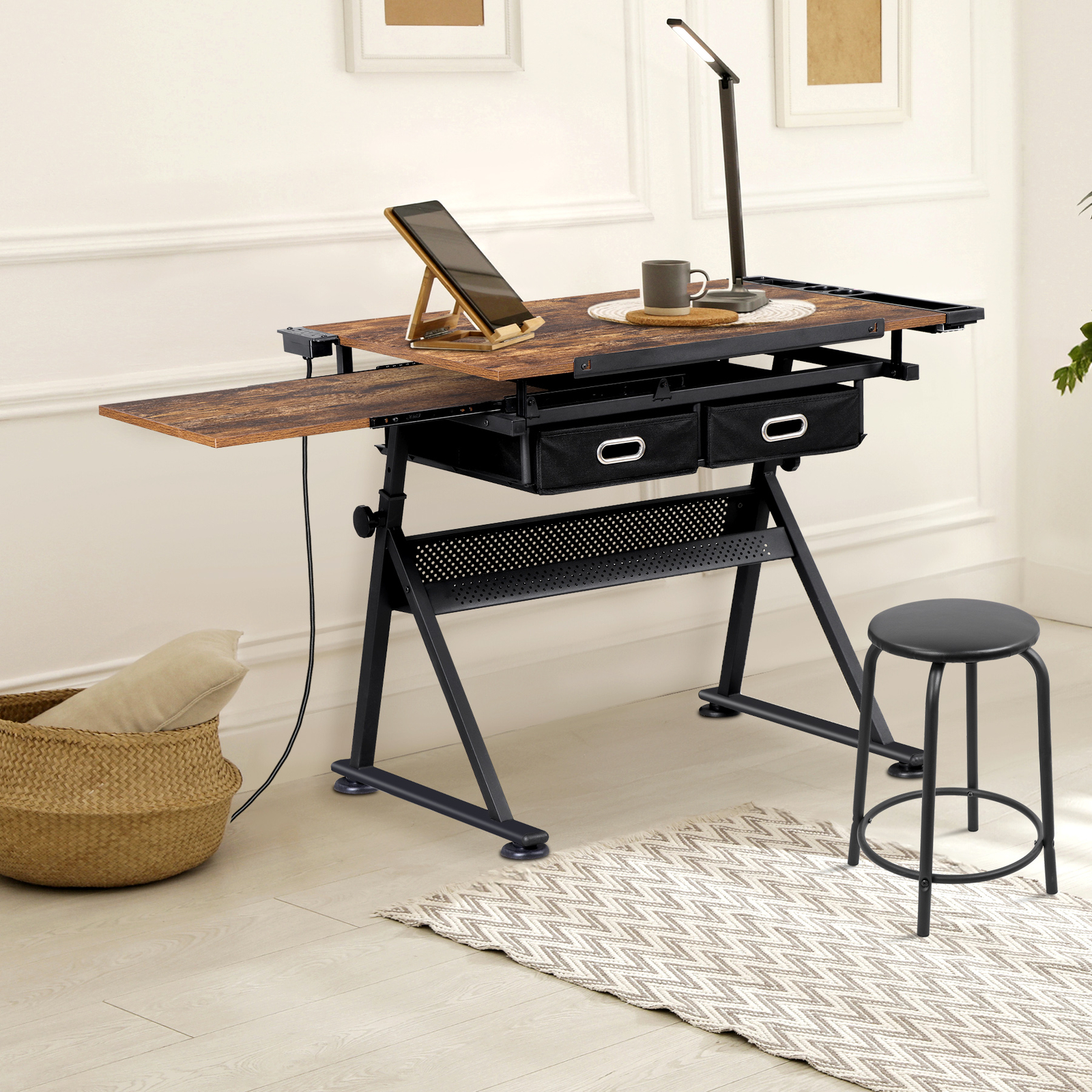 Adjustable Drawing Writing Table Stool w/ 2 Drawers for Artwork Art Desk Retro