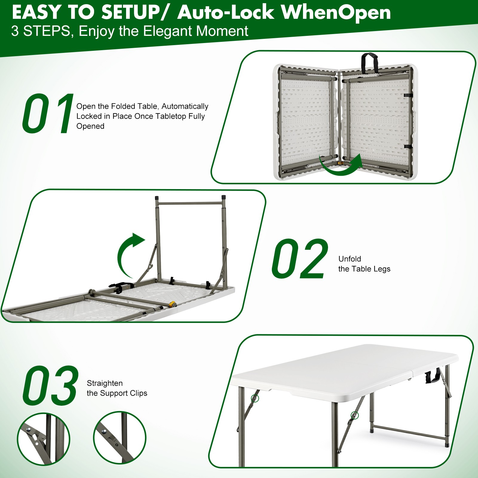 Folding Table Adjustable 4FT Plastic Table Picnic Camping w/Carry Handle White