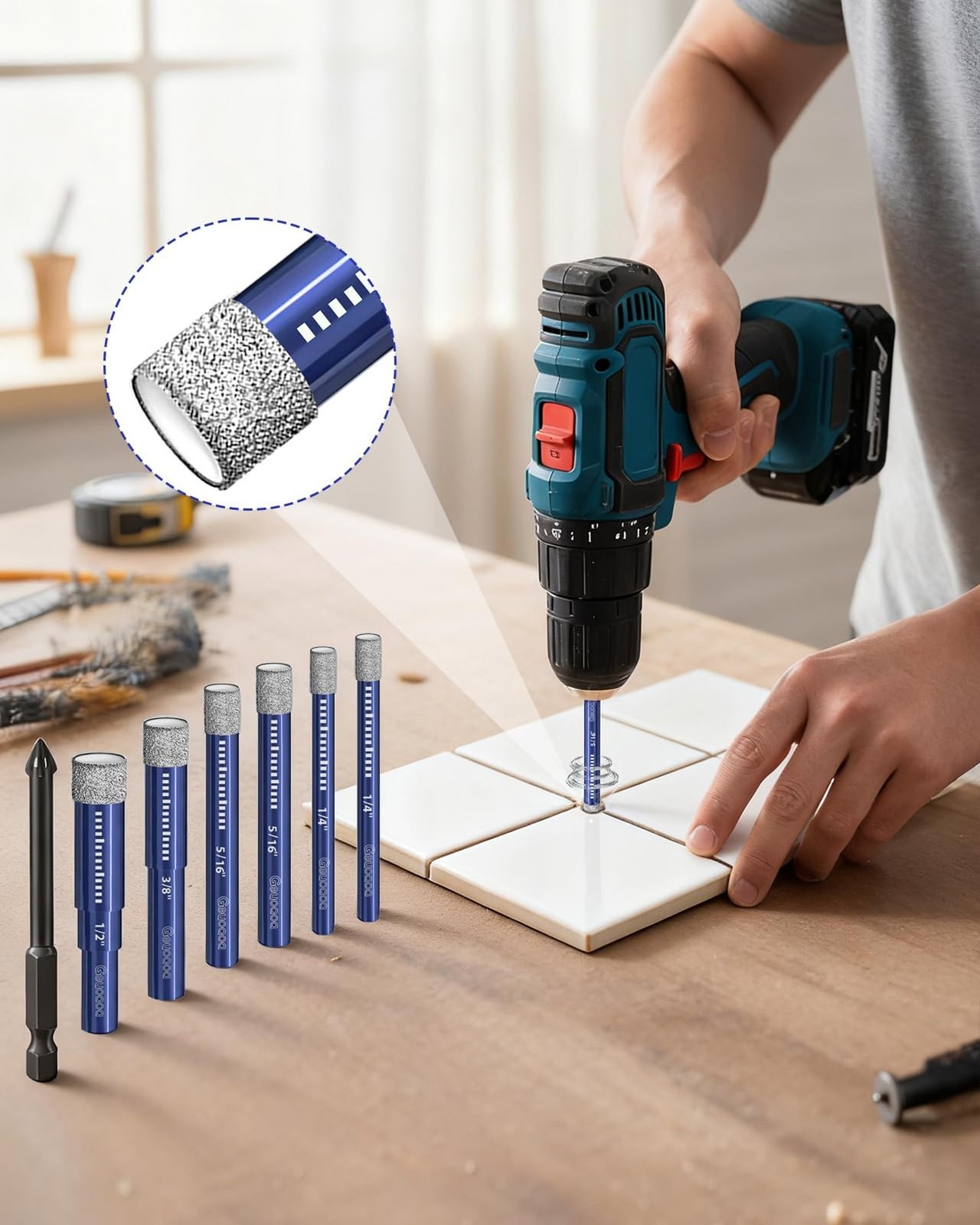 7 Pcs Diamond Drill Bits Set for Ceramic Glass Stone Porcelain Tile, Multi-Pu...
