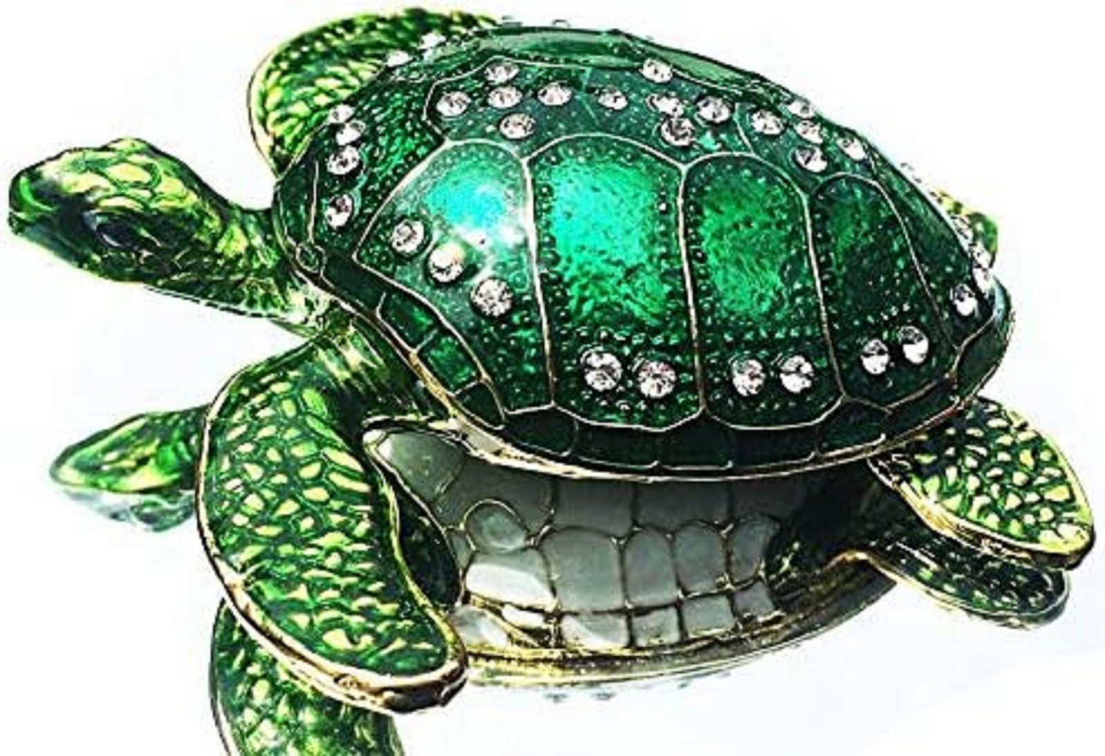 Sea Turtle Crystal Studded Pewter Jewelry Trinket Box Bejeweled Hand-painted Rin