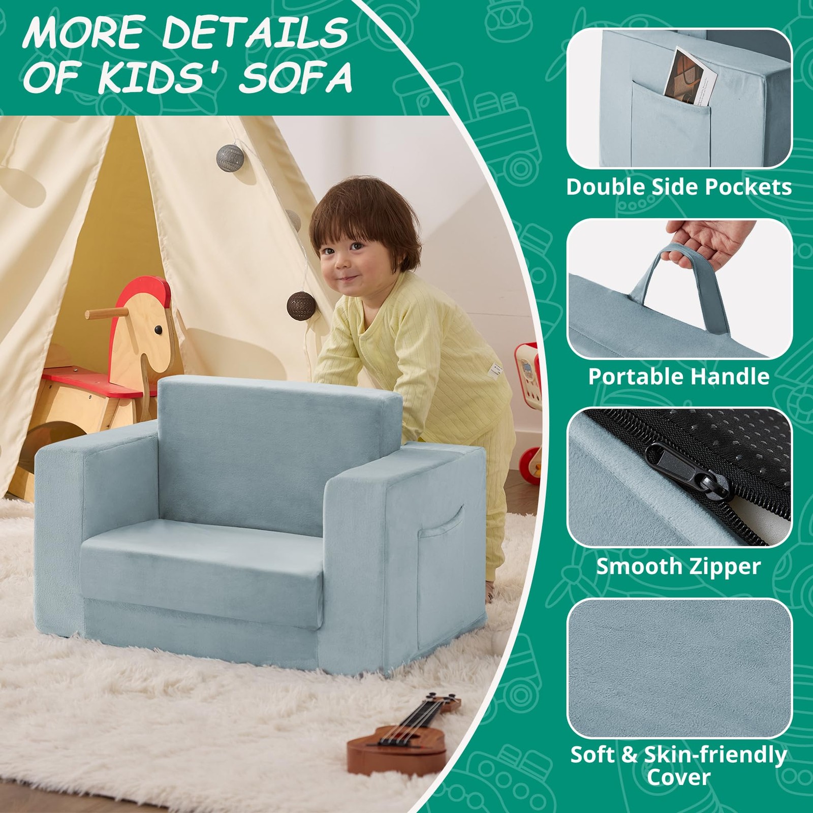 Kids Couch, 2-in-1 Toddler Chair Comfy 1-3 Years, Convertible Kids Chair, Tod...