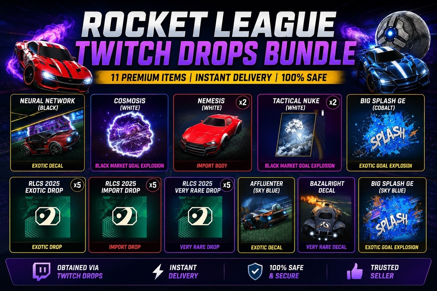 Rocket League Twitch Drops | 28 Items | 18 RLCS 2025 Drops, Painted Cars & More