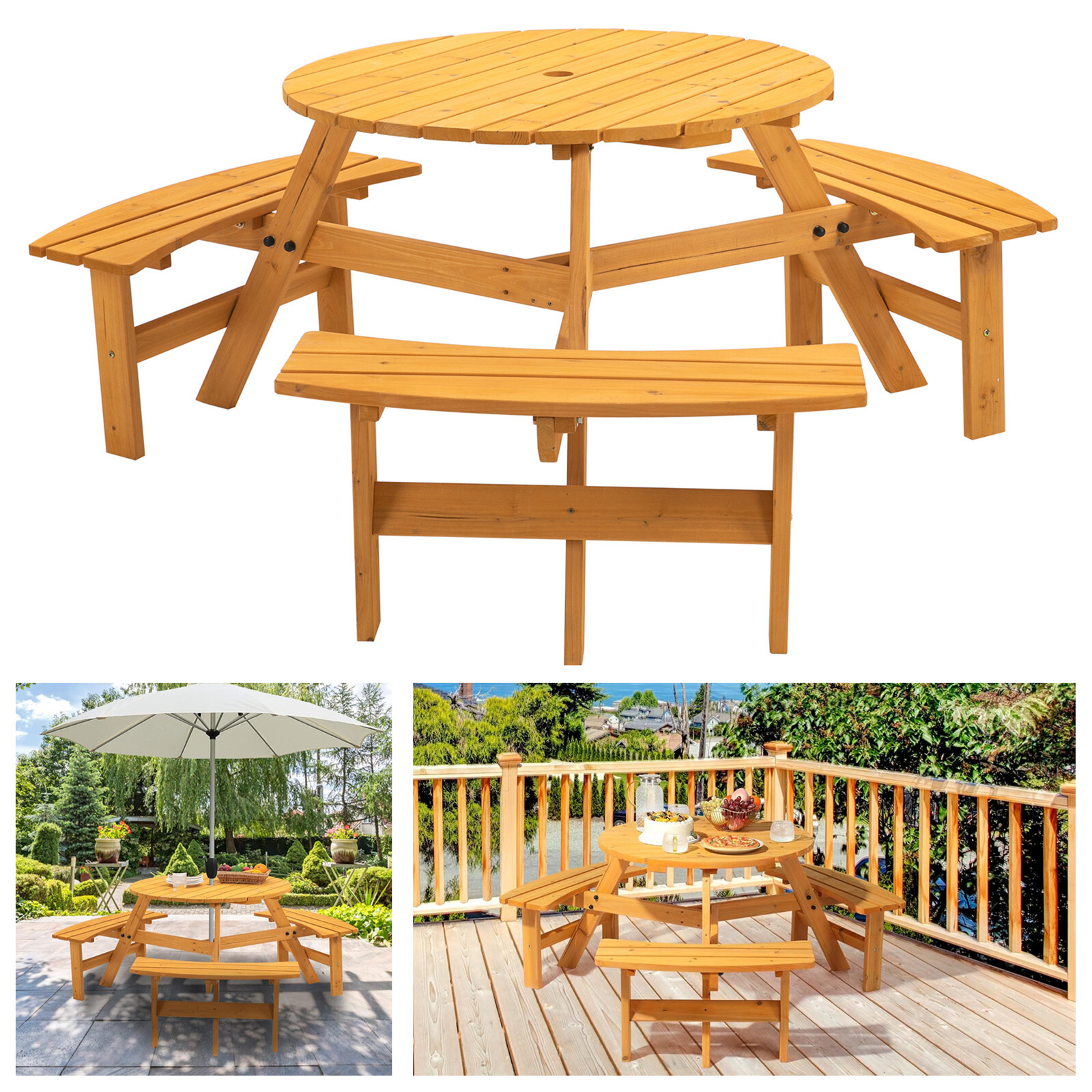 6-Person Circular DIY Wooden Picnic Table w/ 3 Built-in Benches & Umbrella Hole