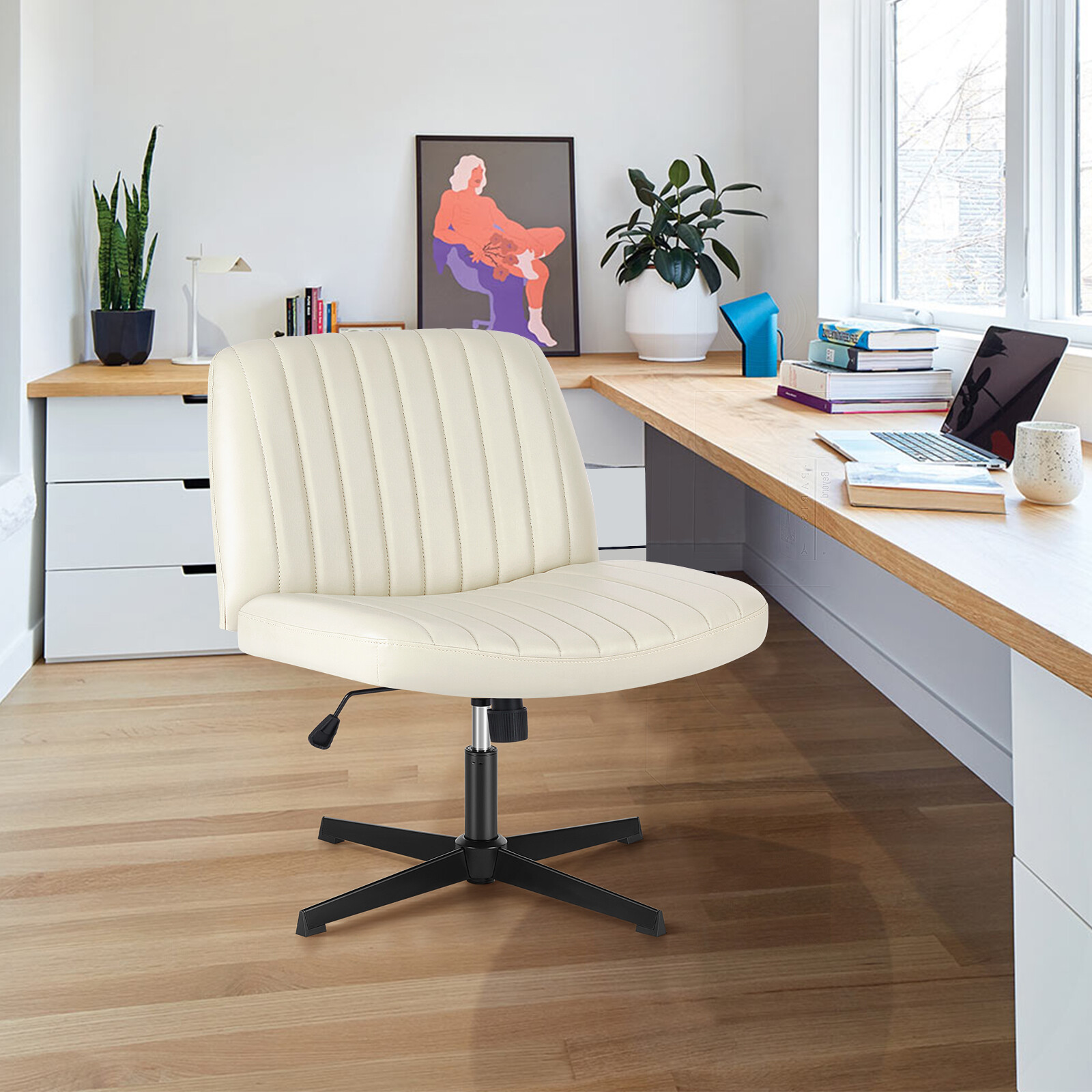 Height Adjustable Armless Cross Legged Office Chair with PU Leather - Wheel-Free