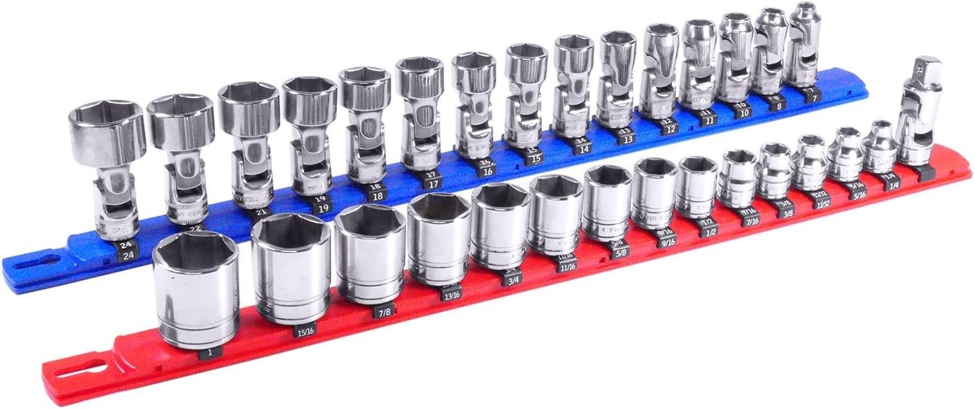 Ernst 18-Inch Socket Organizer with Twist Lock Clips - Secure & Durable Red