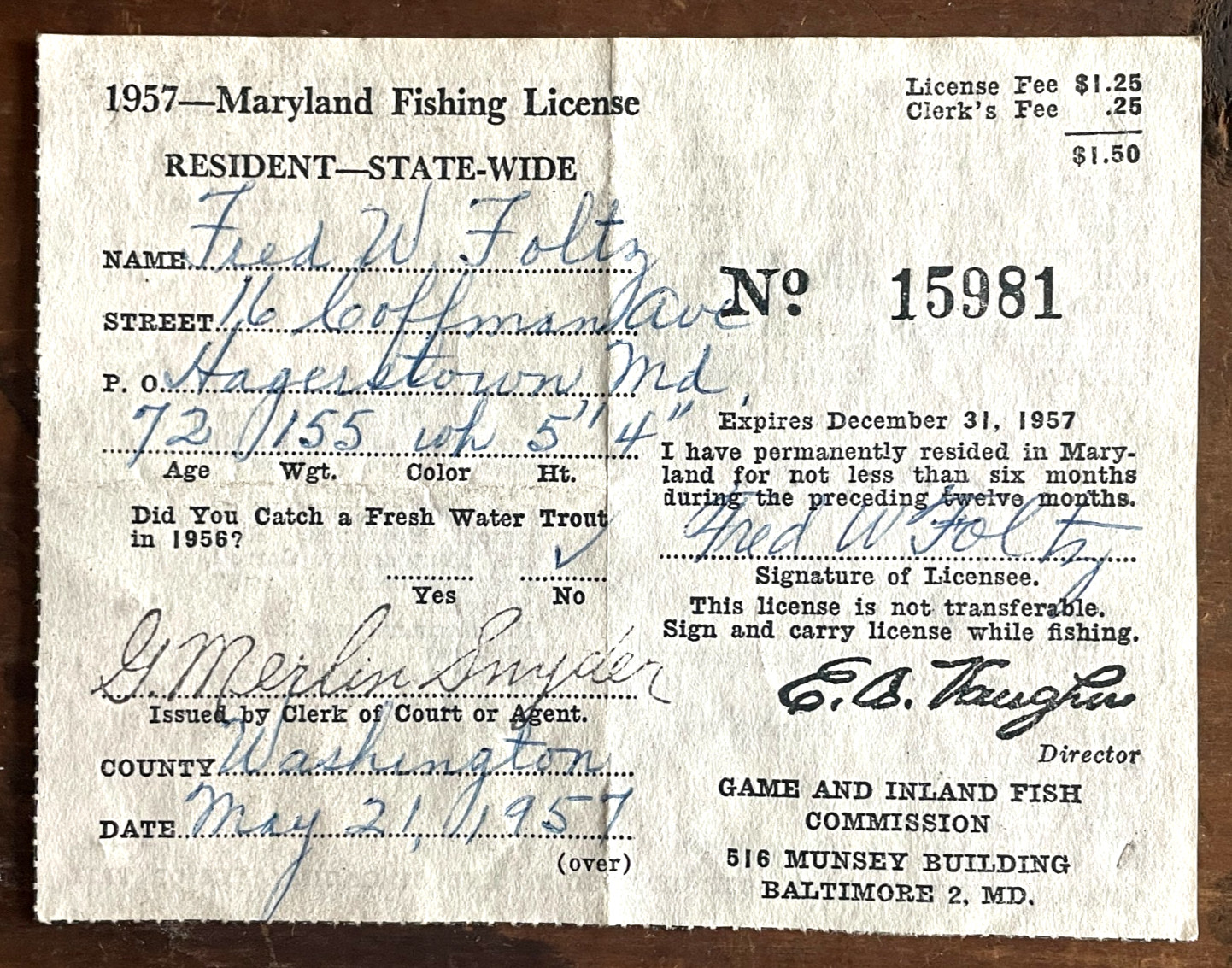 Old 1957 Maryland Resident Fishing License Hagerstown, MD Paper Fred Foltz Vtg