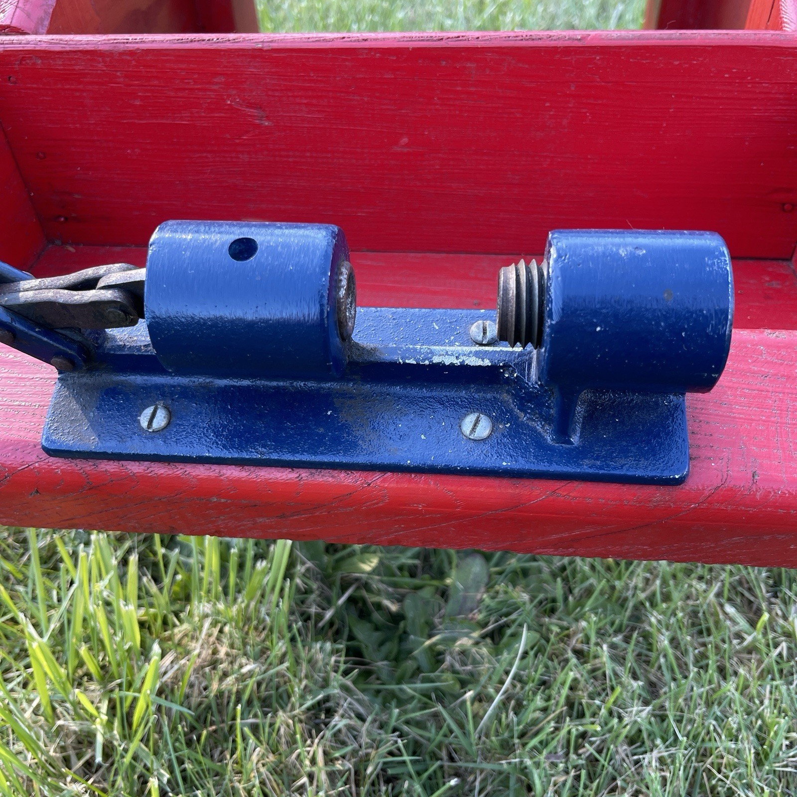 Vintage Red Wood Bench w/ Walnut Nut Cracker Attachment