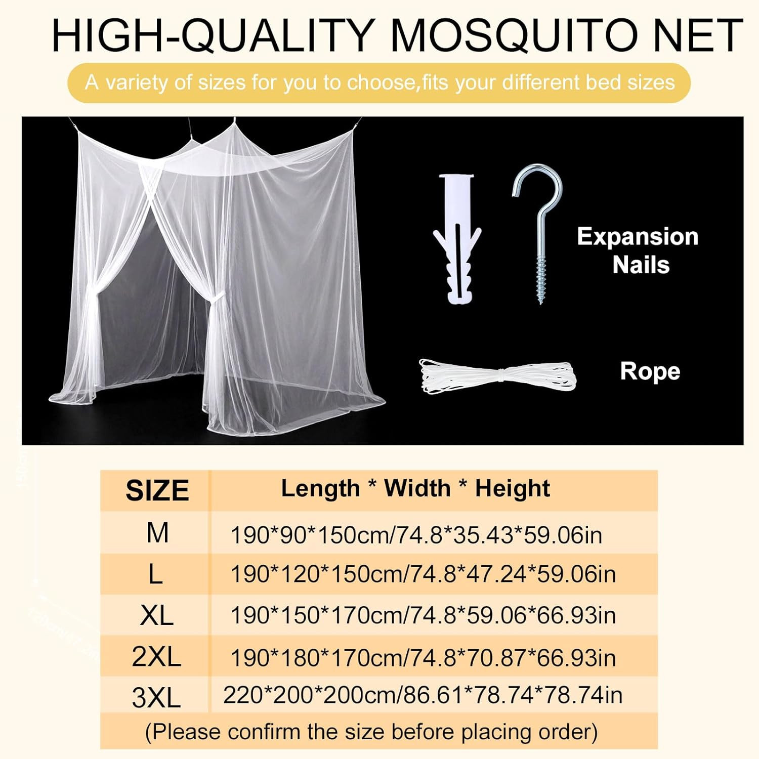 Bed Mosquito Net Rectangular Canopy Drapes with Hook Nylon Rope for Single Tw...