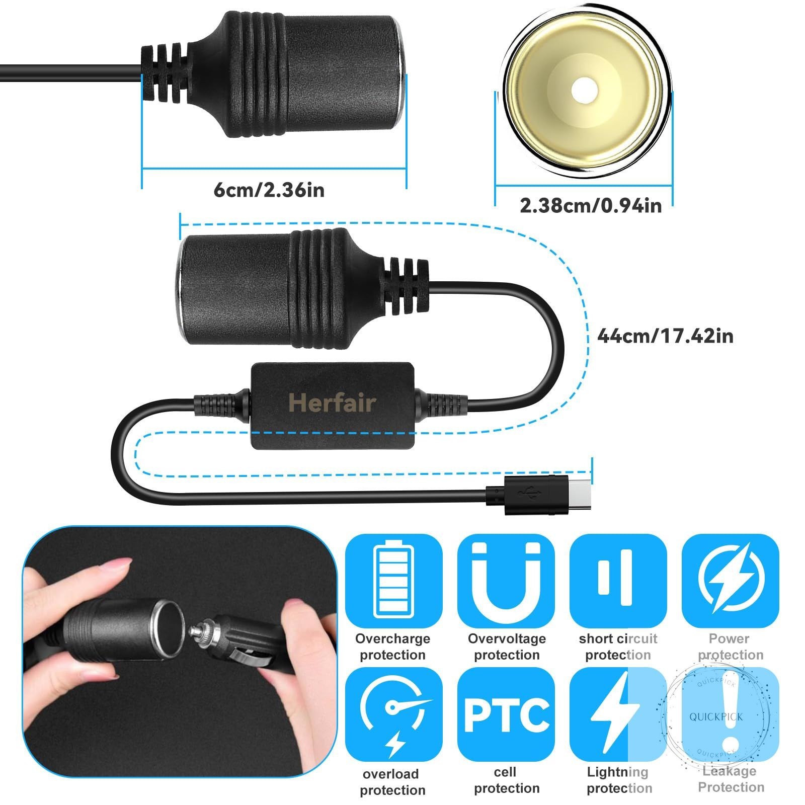 USB C Male to 12V Car Cigarette Lighter Socket Female Converter Adapter Power Ca