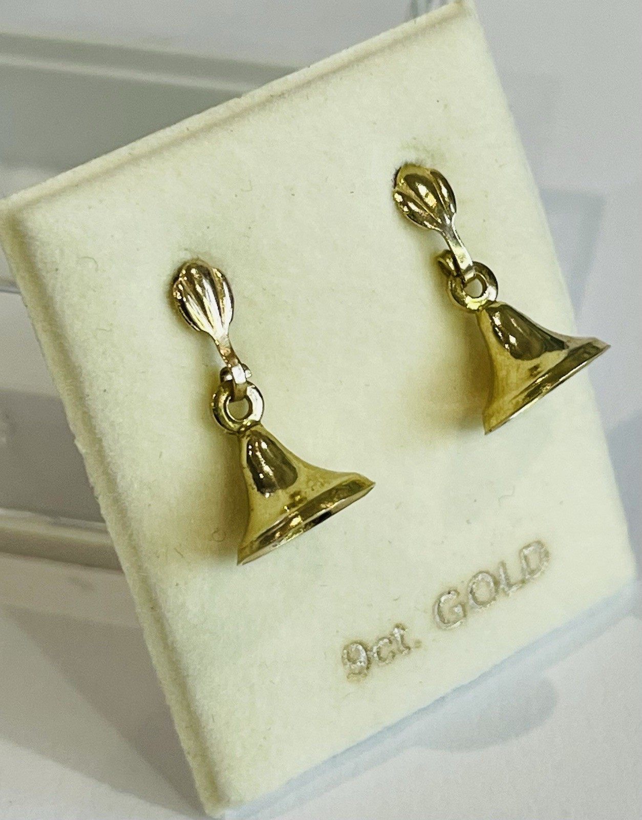 9ct Gold 375 Bell Drop Earrings on Fleur De Lys and Scrolls Fitting
