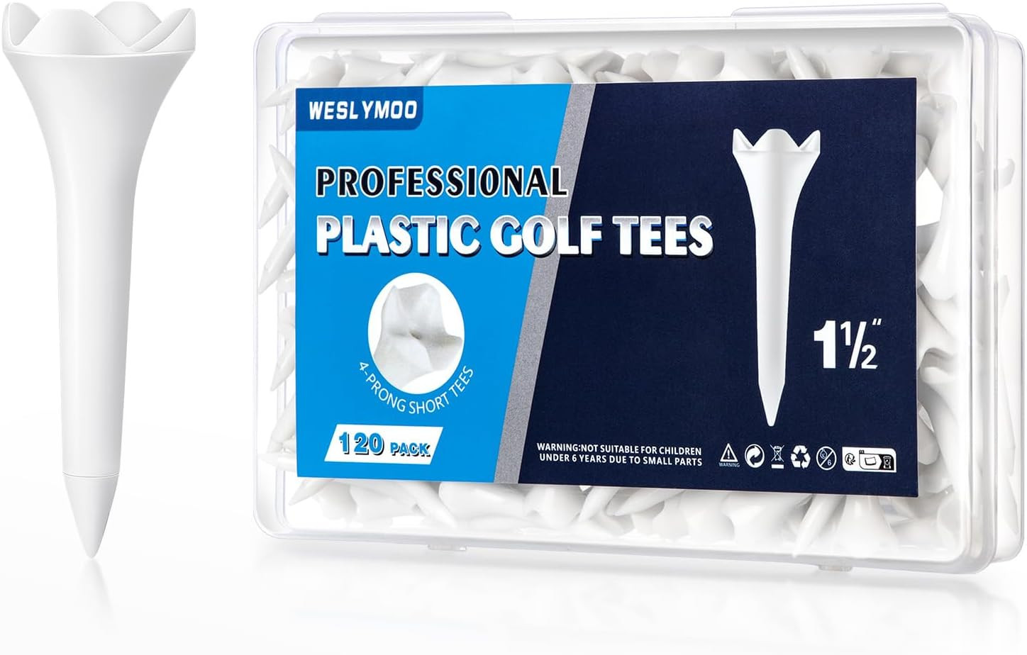 1 1/2 Inch Plastic Golf Tees, Short Tees 120 Pack with White