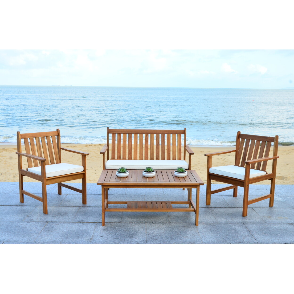 SAFAVIEH Outdoor Collection Burbank 4-Piece Patio Set | Natural/Beige |