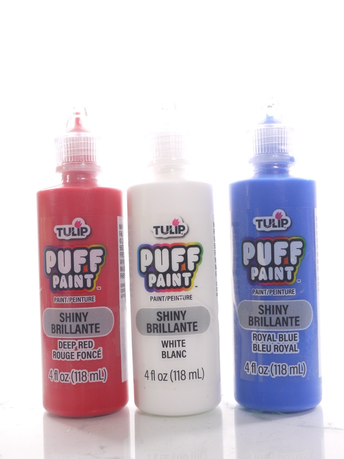 3 TULIP Puff Paint Kits Slick  4 Fl OzEA  ALL SHINY  IN WHITE+R. BLUE+ DEEP RED