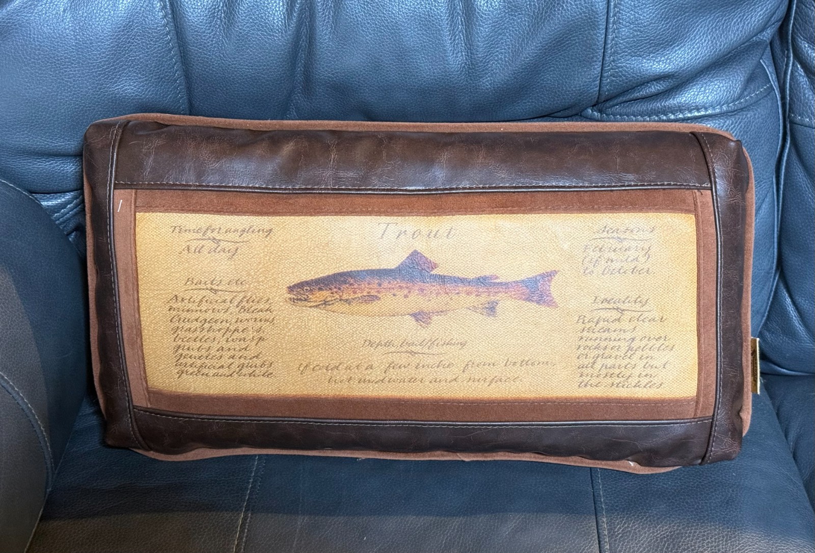 Sweetwater Brown Leather Couch Pillow Trout Fishing Print Scene Man Cave 18x10x4