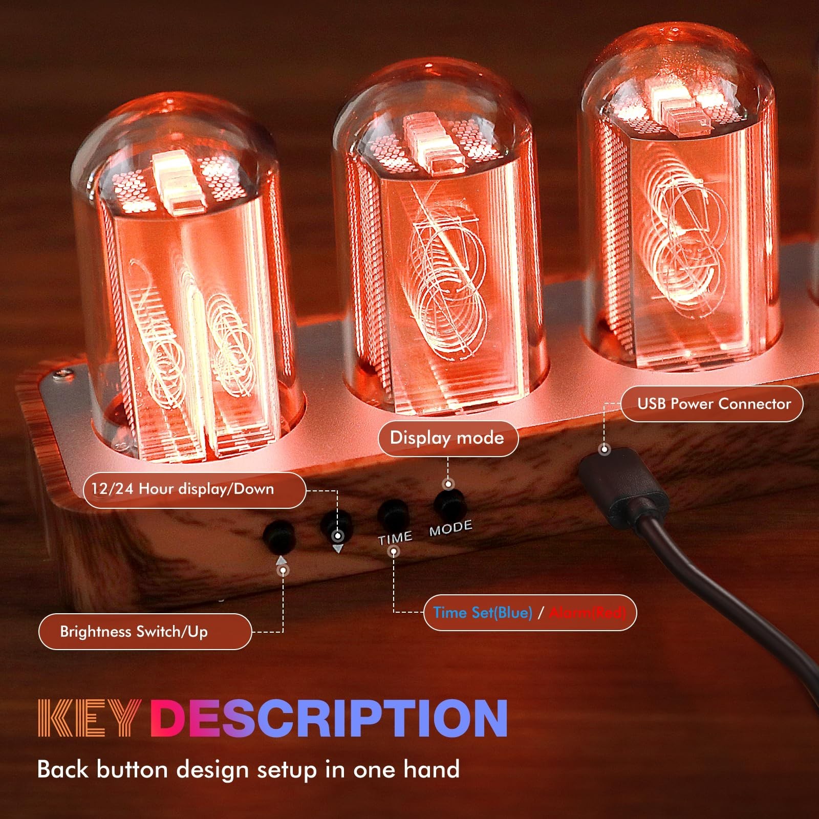ClocTeck Nixie Tube Clock Walnut Digital Clock, Support Wi-Fi Time SYNC, Alar...