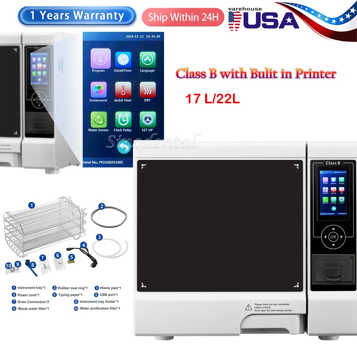 17/22L Class B Dental Medical Autoclave Vacuum Steam Sterilizer built-in Printer
