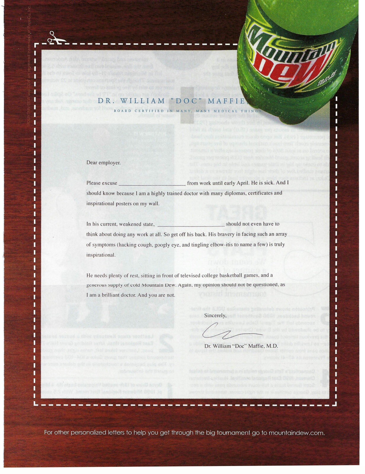 2005 Mountain Dew Doctor Dear Employer Letter Vintage Magazine Print Ad/Poster