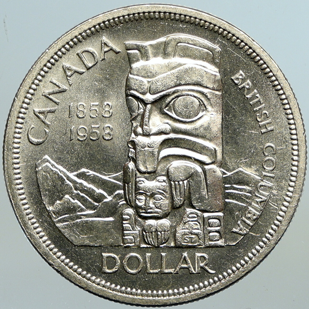 1958 CANADA British Columbia Centennial Totem Pole Large OLD Silver Coin i101259