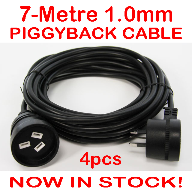 4 x 7-Metre Piggyback Plug Power Extension Cable Lead Mains Black Piggy Back 7M
