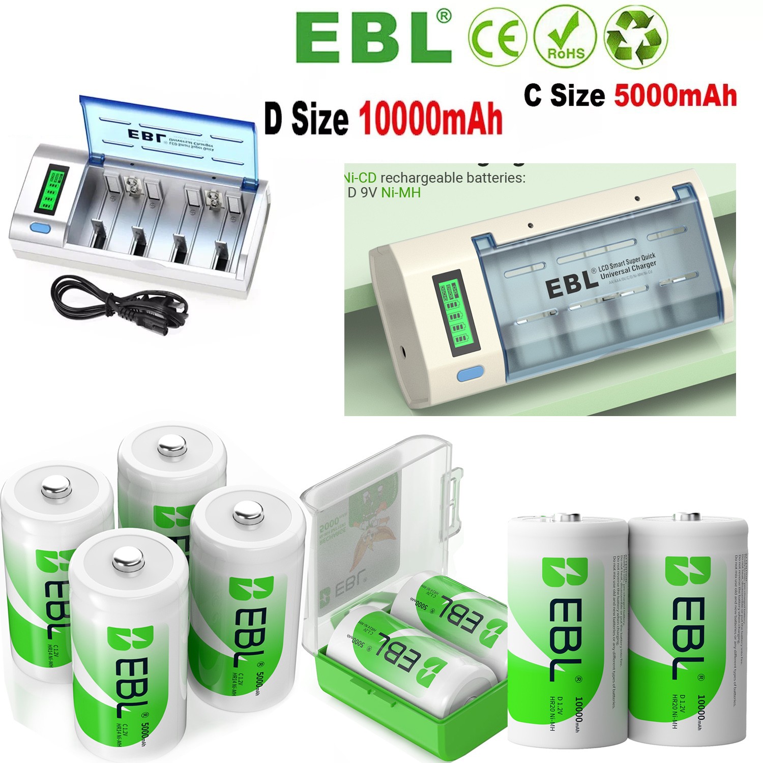 EBL C D Size Rechargeable Batteries C D Cell 1.2V 500Omah-1O000mAh/ Charger LOT
