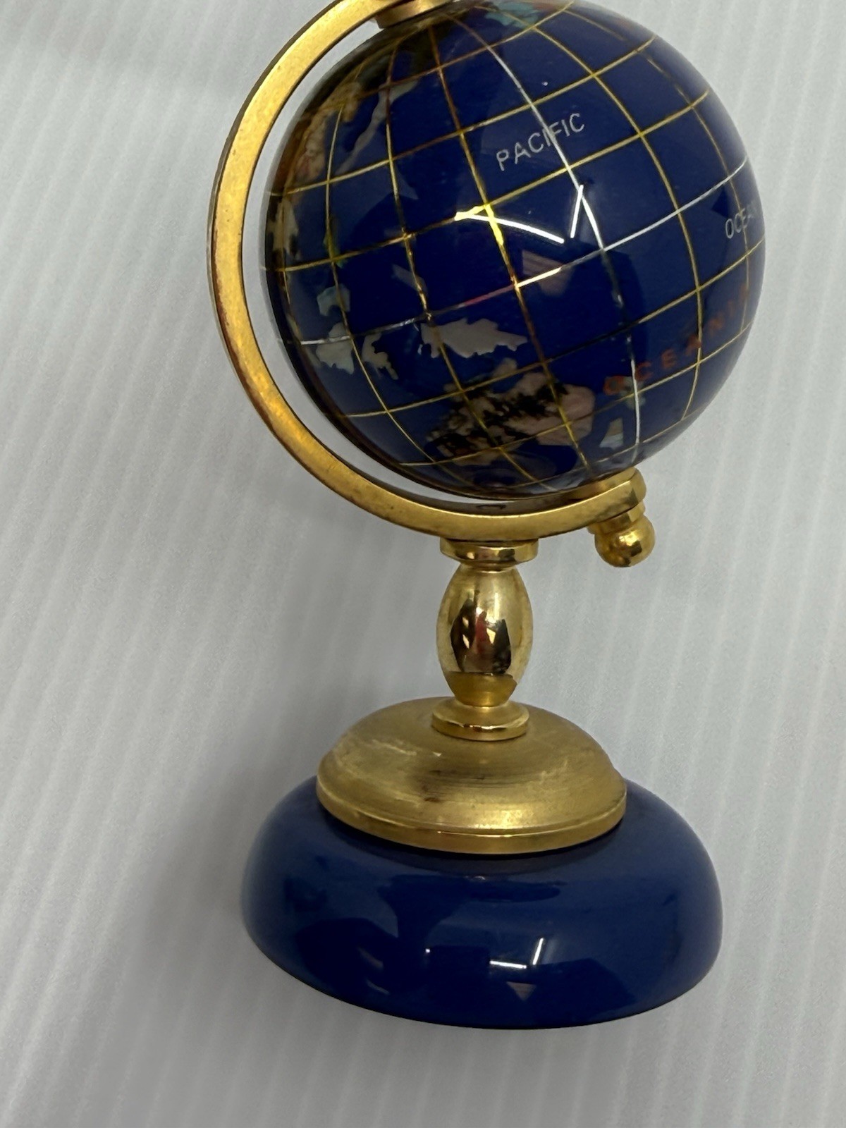 Vintage Mini Gemstone Inlaid World Globe Blue Lapis Brass Stand Paperweight