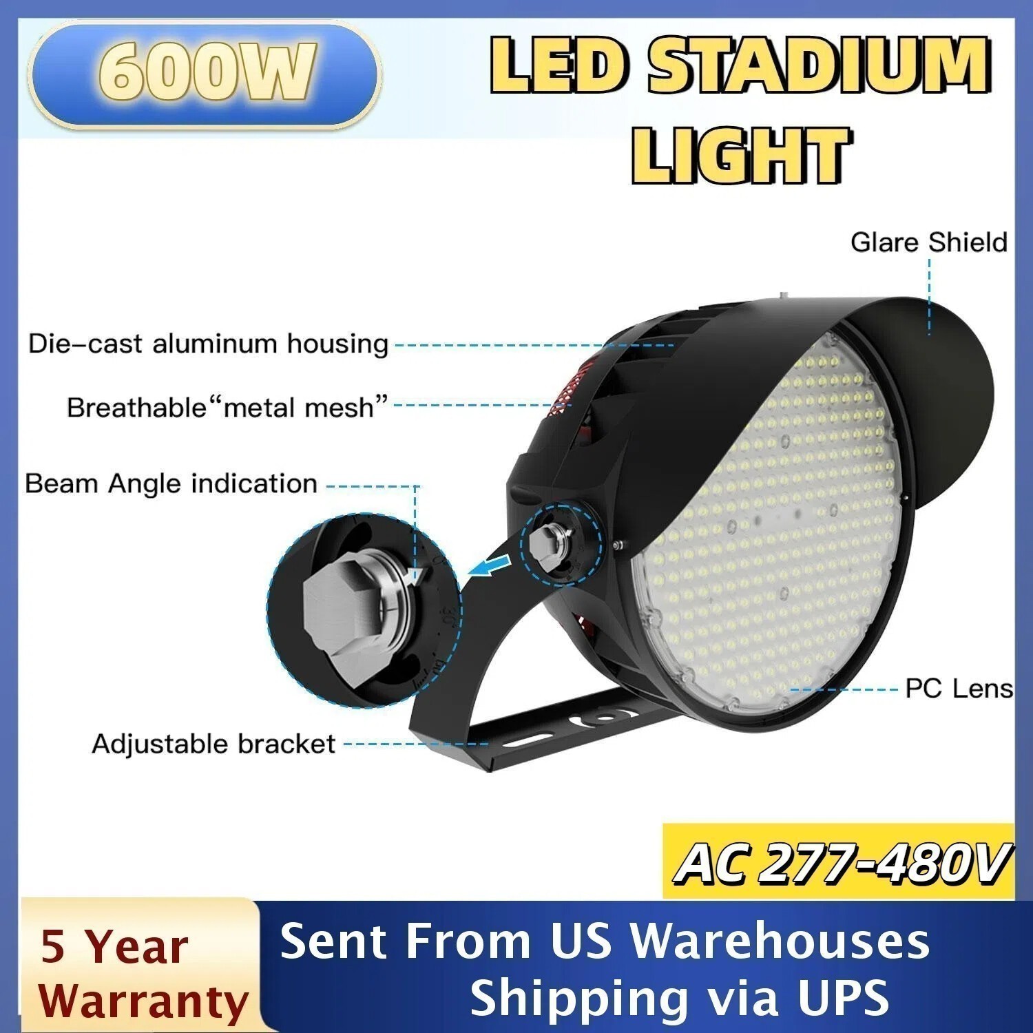 LED Sport Stadium Light 600W Flood Area Lighting AC277-480V 5000K 60° Beam Angle