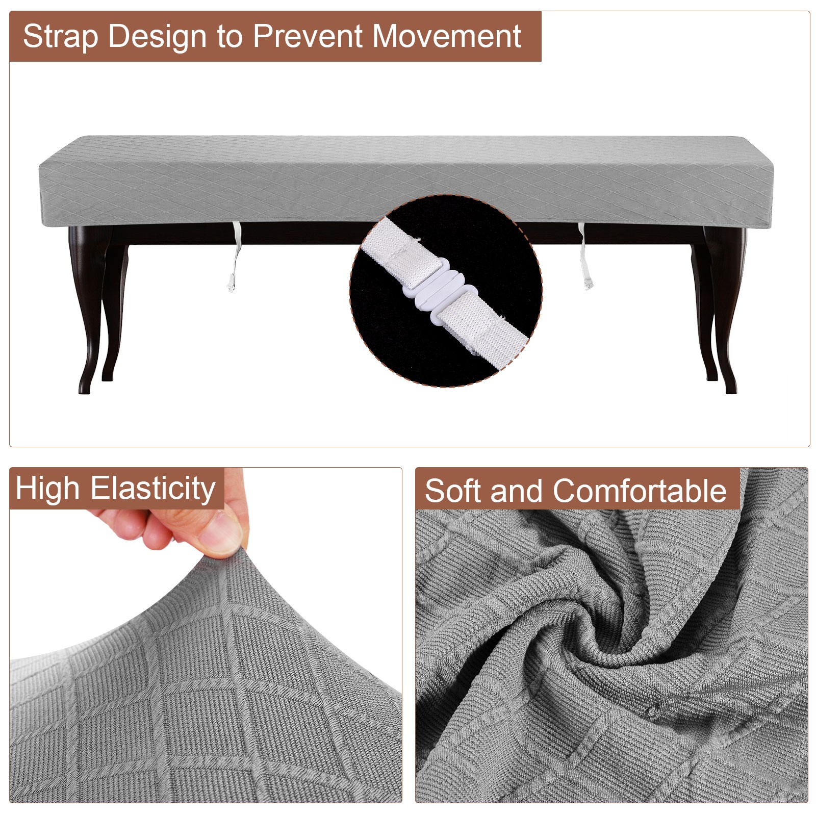 Bench Cushion Cover Stretch Jacquard Checkered Dining Bench Cover, Light Gray