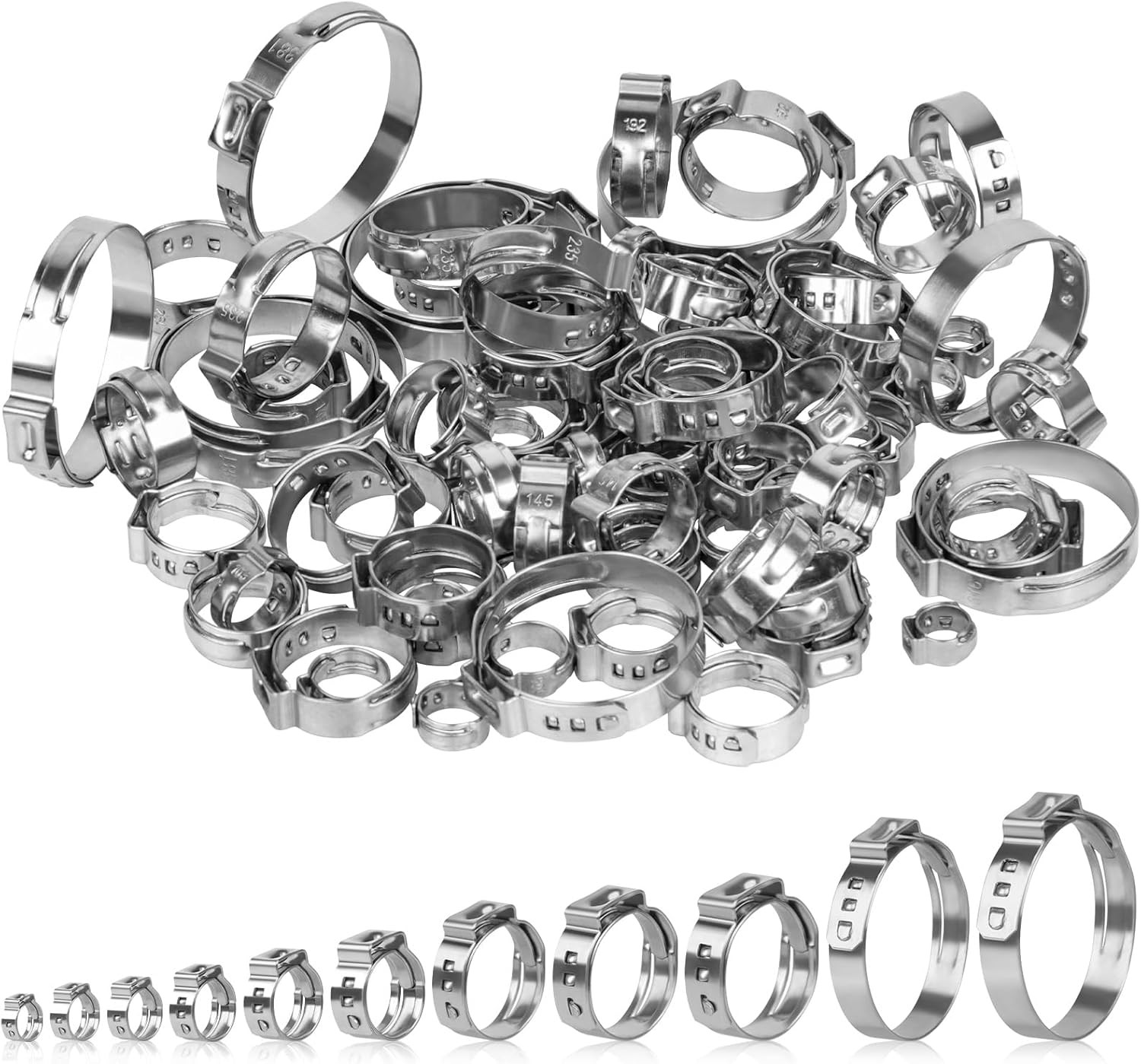 82 Pcs Single Ear Hose Clamps, 11 Sizes 5.8-38.1mm 304 Stainless Steel Ear Crimp