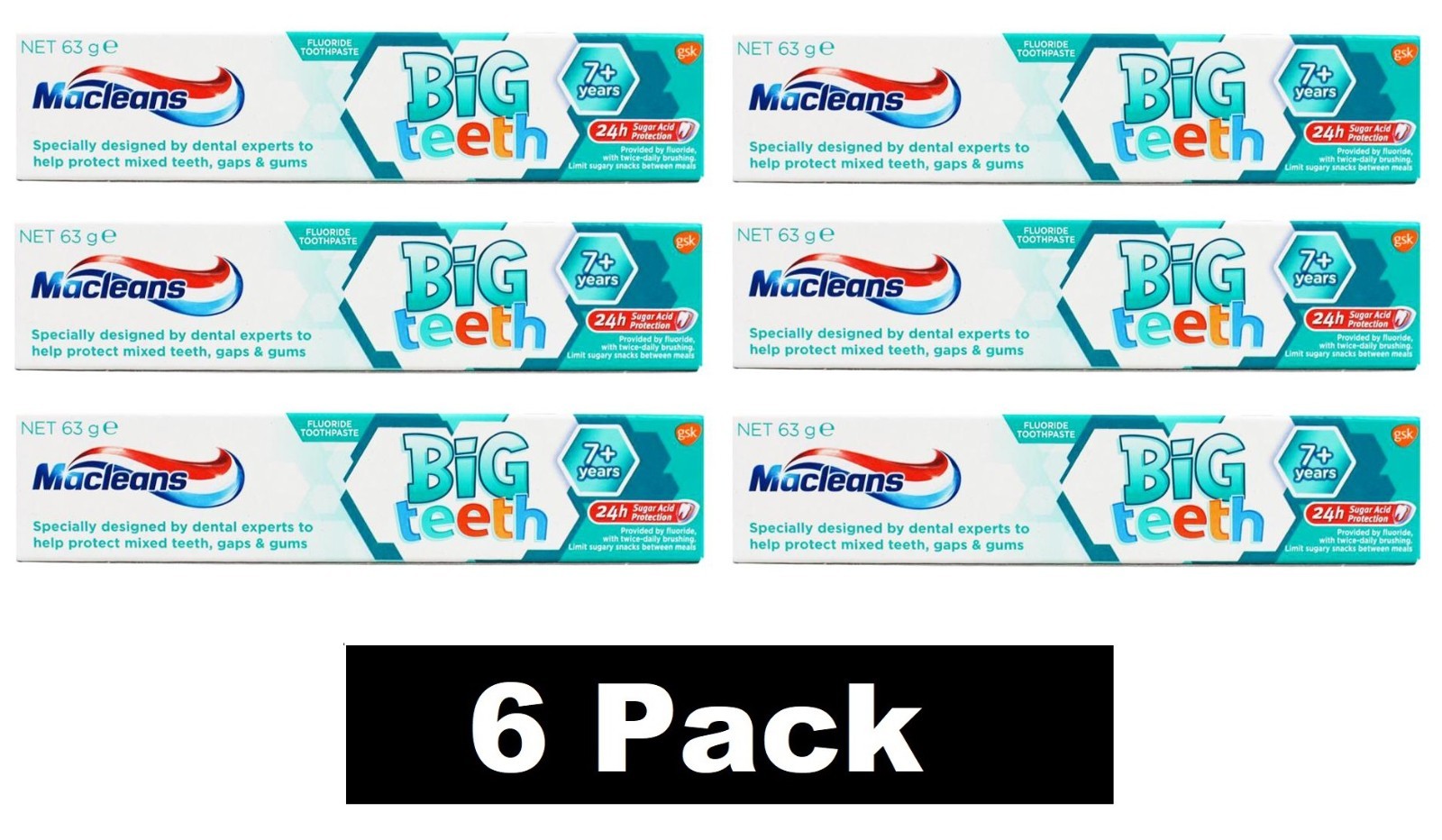 6 x MACLEANS 63g FLUORIDE TOOTHPASTE BIG TEETH 7+ YEARS Brand New