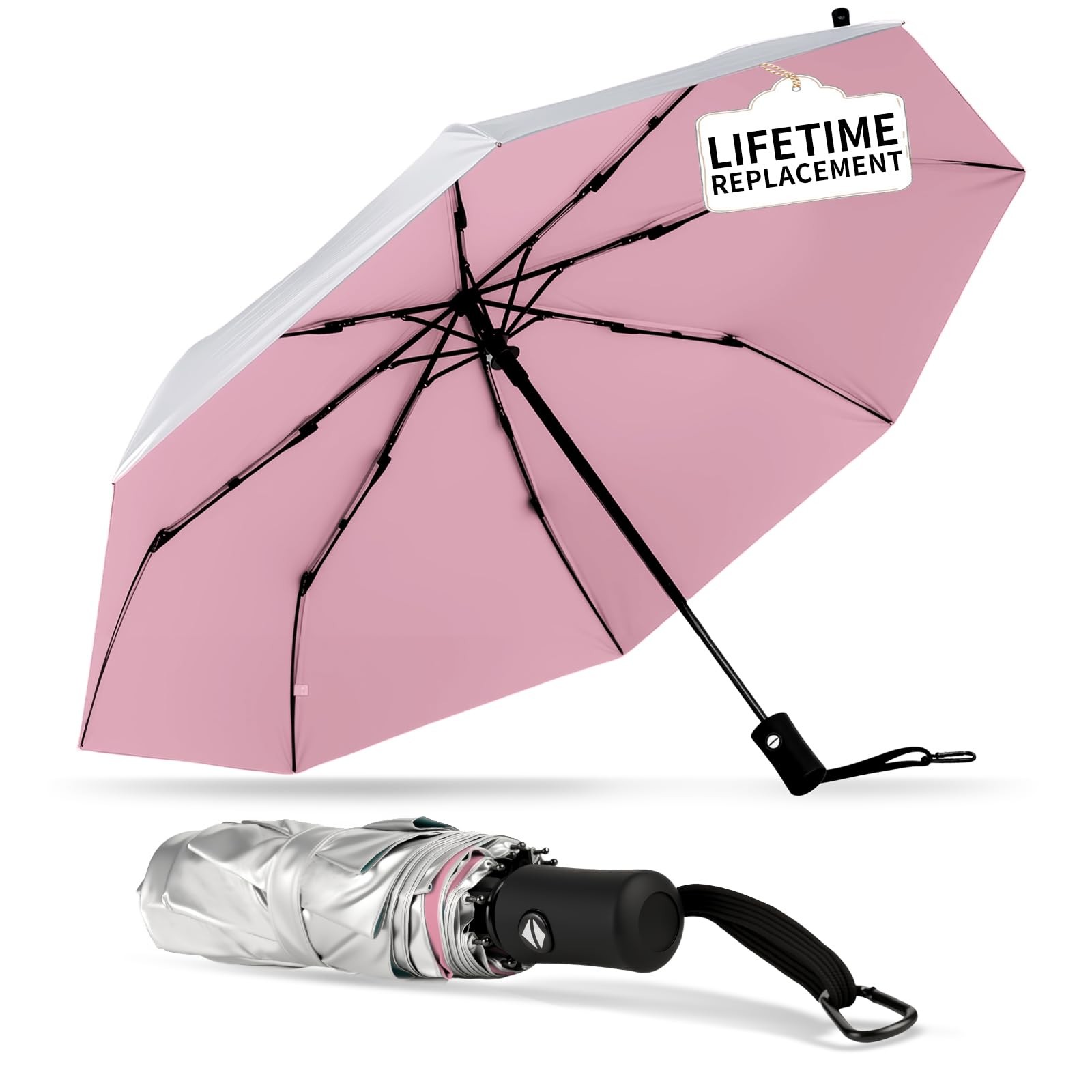 Winkabiu UPF 50+ Sun Umbrella 41 Inch, Automatic Open & Close Silver/Pink